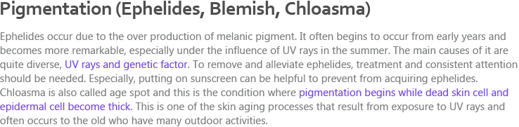 Pigmentation (Ephelides, Blemish, Chloasma)